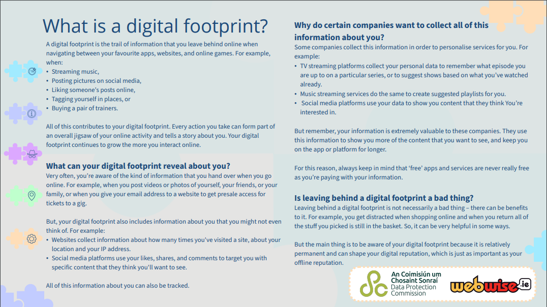 This is an infographic showing how to manage your digital footprint, it is linked to a PDF which explains the steps you should take to manage your digital footprints