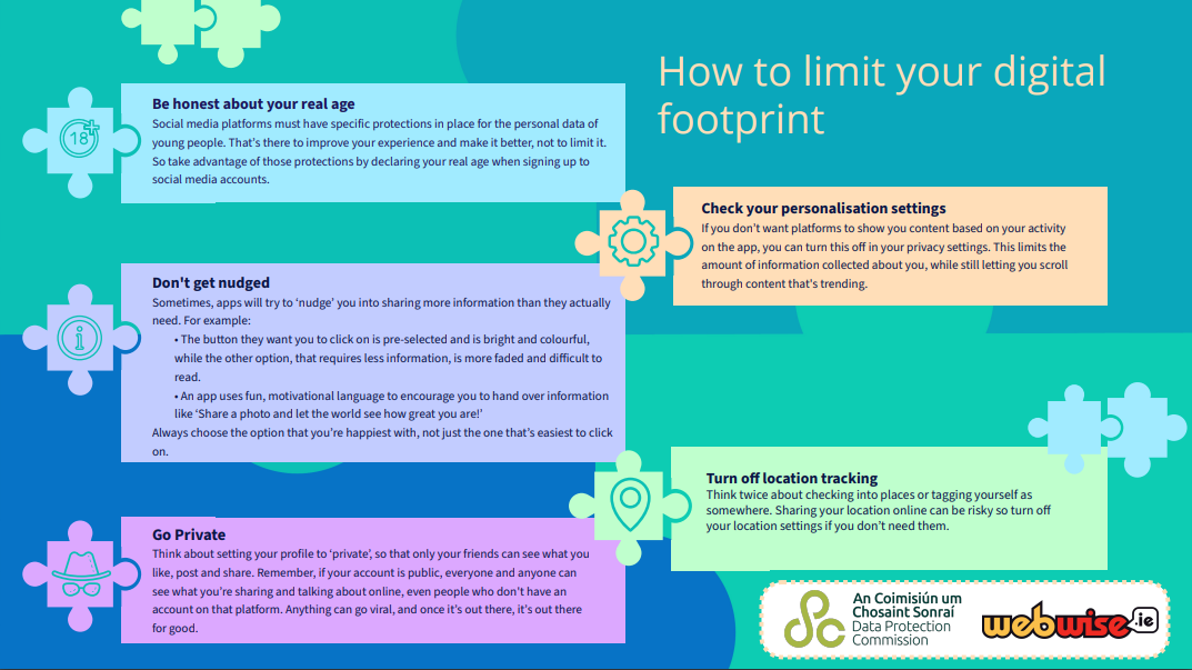 This is an infographic showing how to manage your digital footprint, it is linked to a PDF which explains the steps you should take to manage your digital footprints